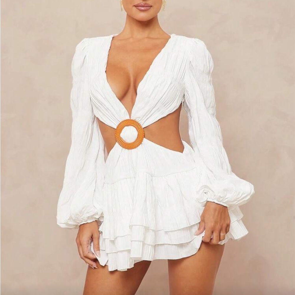 White Long Sleeve Cutout Dress